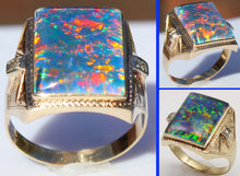 Load image into Gallery viewer, Antique 1920's Art Deco LARGE RAINBOW Opal &amp; Two Diamond 10k Solid Yellow Gold Men's Ring