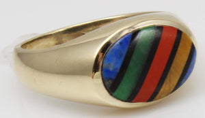 Vintage 1940's SIGNED DASON of NY RARE Natural Mulr-Gemstone Intarsia Inlay 10k Solid Gold Mens Ring