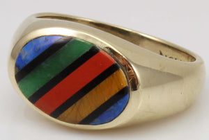 Vintage 1940's SIGNED DASON of NY RARE Natural Mulr-Gemstone Intarsia Inlay 10k Solid Gold Mens Ring