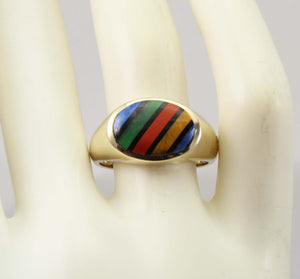 Vintage 1940's SIGNED DASON of NY RARE Natural Mulr-Gemstone Intarsia Inlay 10k Solid Gold Mens Ring