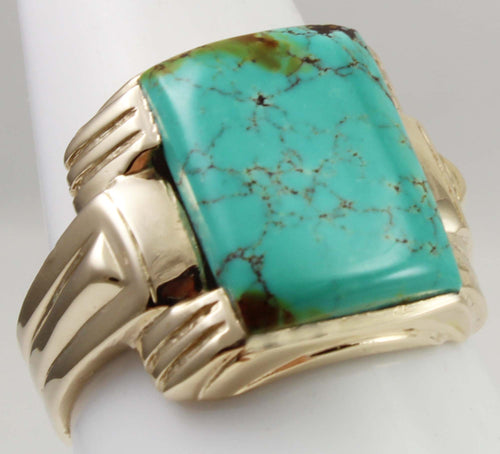 Antique 1920's Art Deco RARE ORANGE SPIDERWEB Kingman Mine Turquoise 10k Solid Gold Men's Ring