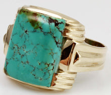 Load image into Gallery viewer, Antique 1920&#39;s Art Deco RARE ORANGE SPIDERWEB Kingman Mine Turquoise 10k Solid Gold Men&#39;s Ring