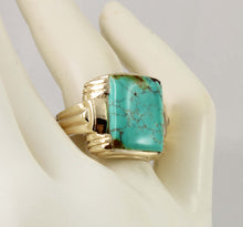 Load image into Gallery viewer, Antique 1920&#39;s Art Deco RARE ORANGE SPIDERWEB Kingman Mine Turquoise 10k Solid Gold Men&#39;s Ring