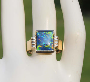 Antique 1920's Art Deco RARE COLOR SHIFT BRIGHT RAINBOW Natural Opal 10k Solid Yellow Gold Men's Ring