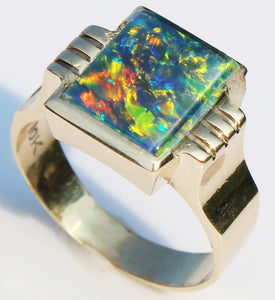 Antique 1920's Art Deco RARE COLOR SHIFT BRIGHT RAINBOW Natural Opal 10k Solid Yellow Gold Men's Ring