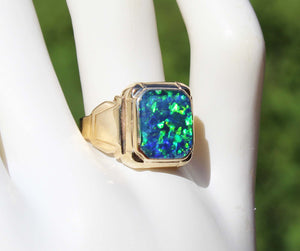 Antique 1920's Art Deco SIGNED Ostby & Barton BLUE GREEN RARE Black Opal 10k Solid Gold Men's Ring