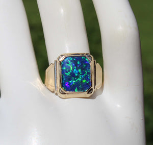 Antique 1920's Art Deco SIGNED Ostby & Barton BLUE GREEN RARE Black Opal 10k Solid Gold Men's Ring