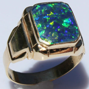 Antique 1920's Art Deco SIGNED Ostby & Barton BLUE GREEN RARE Black Opal 10k Solid Gold Men's Ring