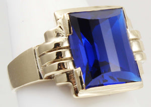 Antique 1920's Art Deco LARGE 9ct RARE Barrel Cut Blue Spinel 10k Solid Yellow Gold Men's Ring