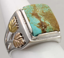Load image into Gallery viewer, Estate RARE Natural #8 Mine Nevada Turquoise 12k Solid Rose &amp; Green Gold &amp; Sterling Silver Mens Ring