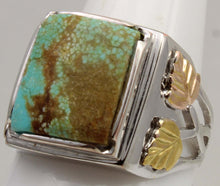 Load image into Gallery viewer, Estate RARE Natural #8 Mine Nevada Turquoise 12k Solid Rose &amp; Green Gold &amp; Sterling Silver Mens Ring