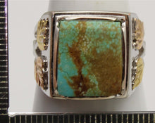 Load image into Gallery viewer, Estate RARE Natural #8 Mine Nevada Turquoise 12k Solid Rose &amp; Green Gold &amp; Sterling Silver Mens Ring