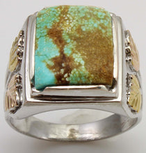 Load image into Gallery viewer, Estate RARE Natural #8 Mine Nevada Turquoise 12k Solid Rose &amp; Green Gold &amp; Sterling Silver Mens Ring