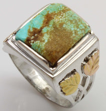 Load image into Gallery viewer, Estate RARE Natural #8 Mine Nevada Turquoise 12k Solid Rose &amp; Green Gold &amp; Sterling Silver Mens Ring