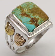 Load image into Gallery viewer, Estate RARE Natural #8 Mine Nevada Turquoise 12k Solid Rose &amp; Green Gold &amp; Sterling Silver Mens Ring