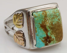 Load image into Gallery viewer, Estate RARE Natural #8 Mine Nevada Turquoise 12k Solid Rose &amp; Green Gold &amp; Sterling Silver Mens Ring