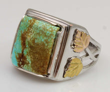Load image into Gallery viewer, Estate RARE Natural #8 Mine Nevada Turquoise 12k Solid Rose &amp; Green Gold &amp; Sterling Silver Mens Ring