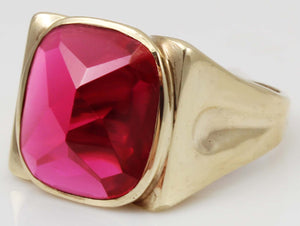 Antique 1920's Art Deco LARGE 12ct Faceted Top Cushion Cut Ruby 10k Solid Yellow Gold Men's Ring