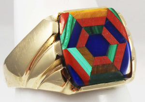 Antique 1920's Art Deco Lapis Tiger's Eye Jasper Malachite Intarsia Inlay 10k Solid YGold Men's Ring