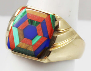 Antique 1920's Art Deco Lapis Tiger's Eye Jasper Malachite Intarsia Inlay 10k Solid YGold Men's Ring