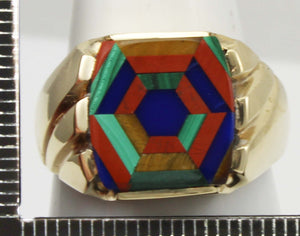 Antique 1920's Art Deco Lapis Tiger's Eye Jasper Malachite Intarsia Inlay 10k Solid YGold Men's Ring