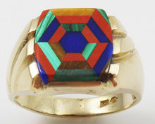 Load image into Gallery viewer, Antique 1920&#39;s Art Deco Lapis Tiger&#39;s Eye Jasper Malachite Intarsia Inlay 10k Solid YGold Men&#39;s Ring