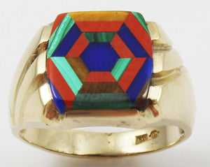 Antique 1920's Art Deco Lapis Tiger's Eye Jasper Malachite Intarsia Inlay 10k Solid YGold Men's Ring