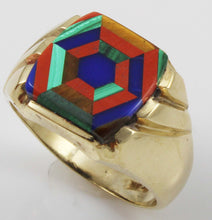 Load image into Gallery viewer, Antique 1920&#39;s Art Deco Lapis Tiger&#39;s Eye Jasper Malachite Intarsia Inlay 10k Solid YGold Men&#39;s Ring