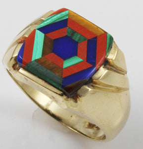 Antique 1920's Art Deco Lapis Tiger's Eye Jasper Malachite Intarsia Inlay 10k Solid YGold Men's Ring