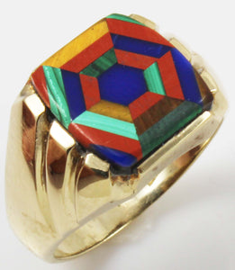 Antique 1920's Art Deco Lapis Tiger's Eye Jasper Malachite Intarsia Inlay 10k Solid YGold Men's Ring