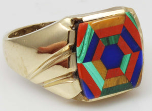 Antique 1920's Art Deco Lapis Tiger's Eye Jasper Malachite Intarsia Inlay 10k Solid YGold Men's Ring