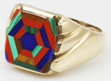 Load image into Gallery viewer, Antique 1920&#39;s Art Deco Lapis Tiger&#39;s Eye Jasper Malachite Intarsia Inlay 10k Solid YGold Men&#39;s Ring