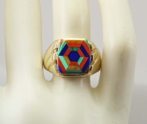 Antique 1920's Art Deco Lapis Tiger's Eye Jasper Malachite Intarsia Inlay 10k Solid YGold Men's Ring