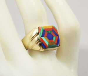 Antique 1920's Art Deco Lapis Tiger's Eye Jasper Malachite Intarsia Inlay 10k Solid YGold Men's Ring