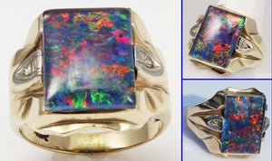 Antique 1920's Art Deco BRIGHT RAINBOW Natural Opal & Diamond Milgrained 10k Solid Gold Men's Ring