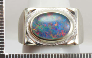 Antique 1920's Are Deco BRIGHT RAINBOW Black Natural Opal Milgrained 10k Solid White Gold Men's Ring