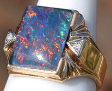 Load image into Gallery viewer, Antique 1920&#39;s Art Deco LARGE RAINBOW RARE Black Natural Opal &amp; Diamond 10k Solid Gold Men&#39;s Ring