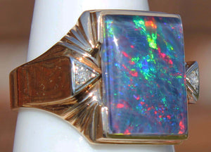 Antique 1920's Art Deco LARGE RAINBOW RARE Black Natural Opal & Diamond 10k Solid Gold Men's Ring