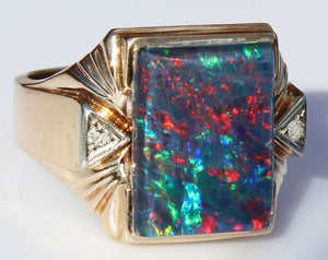 Antique 1920's Art Deco LARGE RAINBOW RARE Black Natural Opal & Diamond 10k Solid Gold Men's Ring