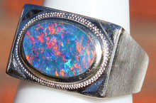 Load image into Gallery viewer, Antique 1920&#39;s Are Deco BRIGHT RAINBOW Black Natural Opal Milgrained 10k Solid White Gold Men&#39;s Ring