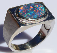 Load image into Gallery viewer, Antique 1920&#39;s Are Deco BRIGHT RAINBOW Black Natural Opal Milgrained 10k Solid White Gold Men&#39;s Ring