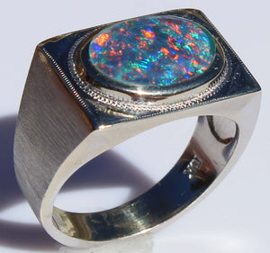 Antique 1920's Are Deco BRIGHT RAINBOW Black Natural Opal Milgrained 10k Solid White Gold Men's Ring