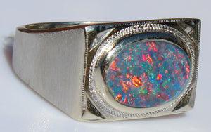 Antique 1920's Are Deco BRIGHT RAINBOW Black Natural Opal Milgrained 10k Solid White Gold Men's Ring