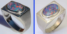 Load image into Gallery viewer, Antique 1920&#39;s Are Deco BRIGHT RAINBOW Black Natural Opal Milgrained 10k Solid White Gold Men&#39;s Ring