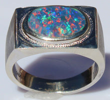 Load image into Gallery viewer, Antique 1920&#39;s Are Deco BRIGHT RAINBOW Black Natural Opal Milgrained 10k Solid White Gold Men&#39;s Ring