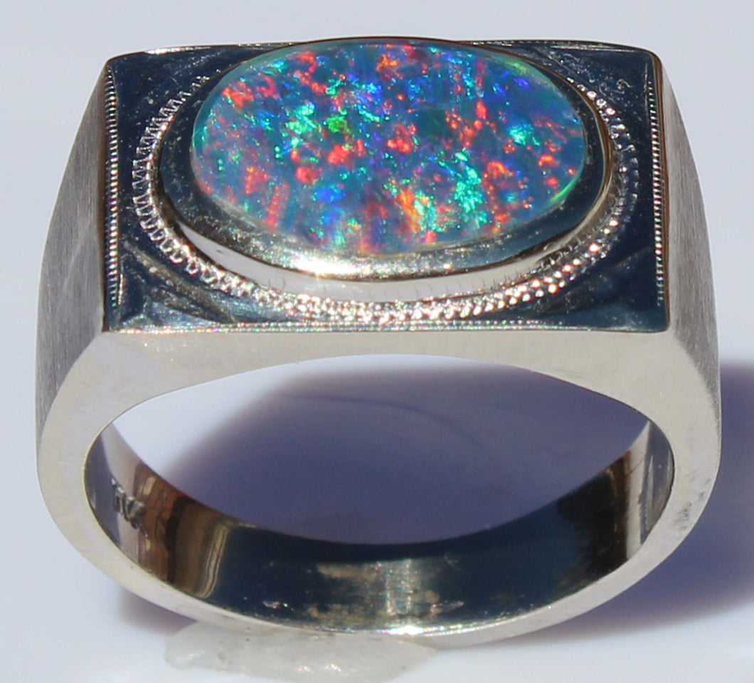 Antique 1920's Are Deco BRIGHT RAINBOW Black Natural Opal Milgrained 10k Solid White Gold Men's Ring