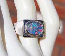 Load image into Gallery viewer, Antique 1920&#39;s Are Deco BRIGHT RAINBOW Black Natural Opal Milgrained 10k Solid White Gold Men&#39;s Ring