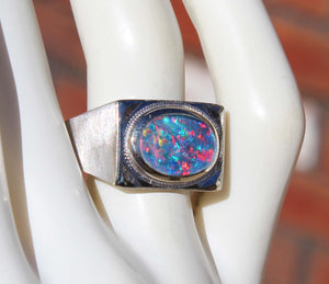 Antique 1920's Are Deco BRIGHT RAINBOW Black Natural Opal Milgrained 10k Solid White Gold Men's Ring