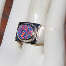 Load image into Gallery viewer, Antique 1920&#39;s Are Deco BRIGHT RAINBOW Black Natural Opal Milgrained 10k Solid White Gold Men&#39;s Ring