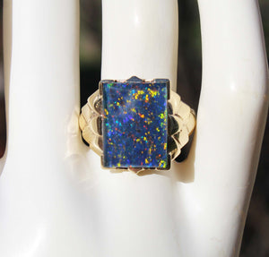 Antique SIGNED ESEMCO Art Deco LARGE BRIGHT RAINBOW RARE Black Natural Opal 10k Solid Gold Mens Ring